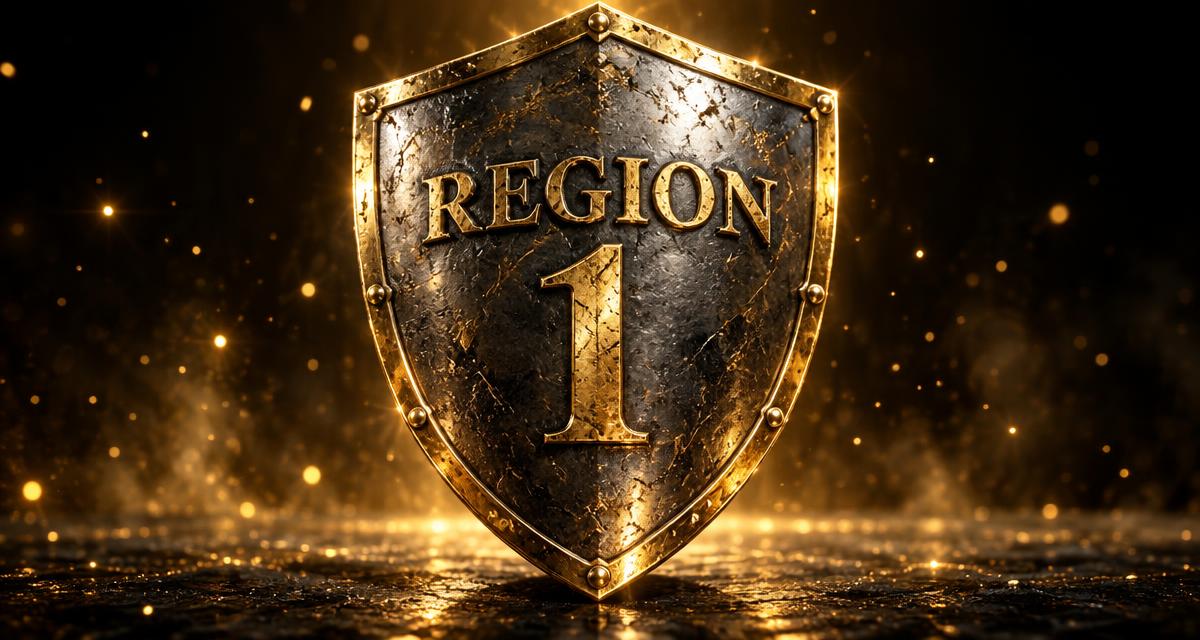 Sturdy metal shield engraved with “Region 1” in gold against a black background