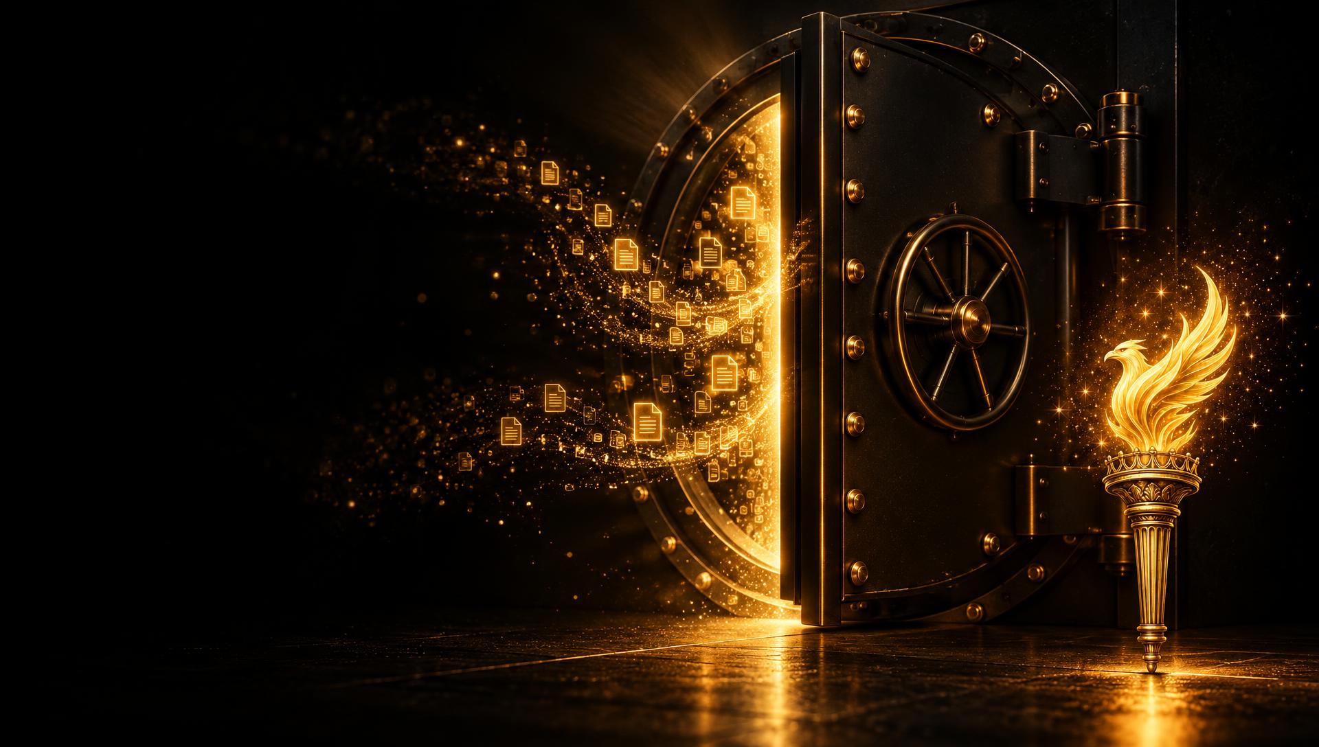 Black vault door standing slightly open as a stream of glowing gold data particles and file icons pours out, lit by the golden Libertarian torch