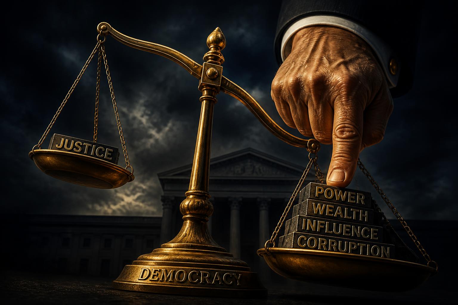 Scales of justice with a heavy hand pressing down on one side, tipping the balance