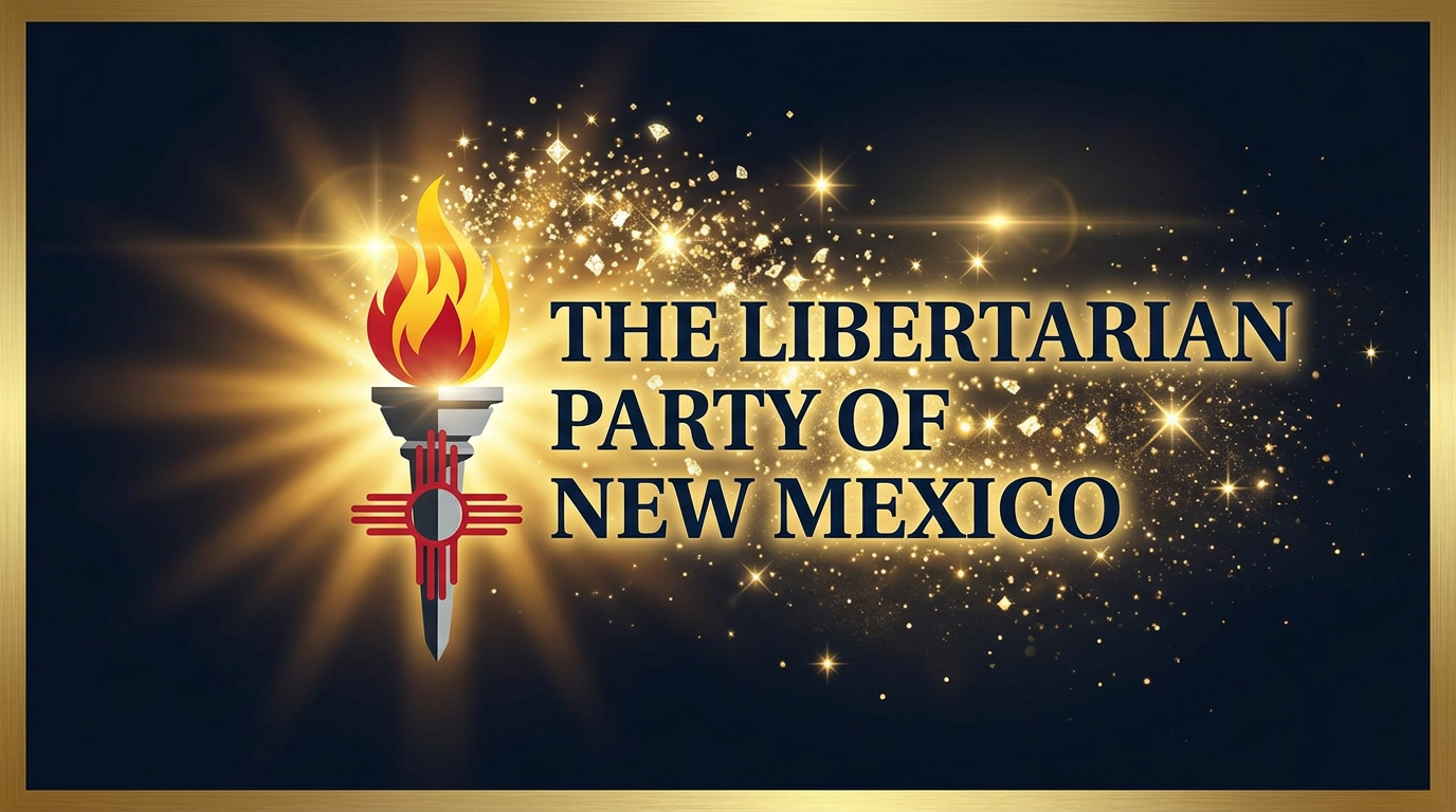 The Libertarian Party of New Mexico logo with a shimmering gold torch over a celebratory background