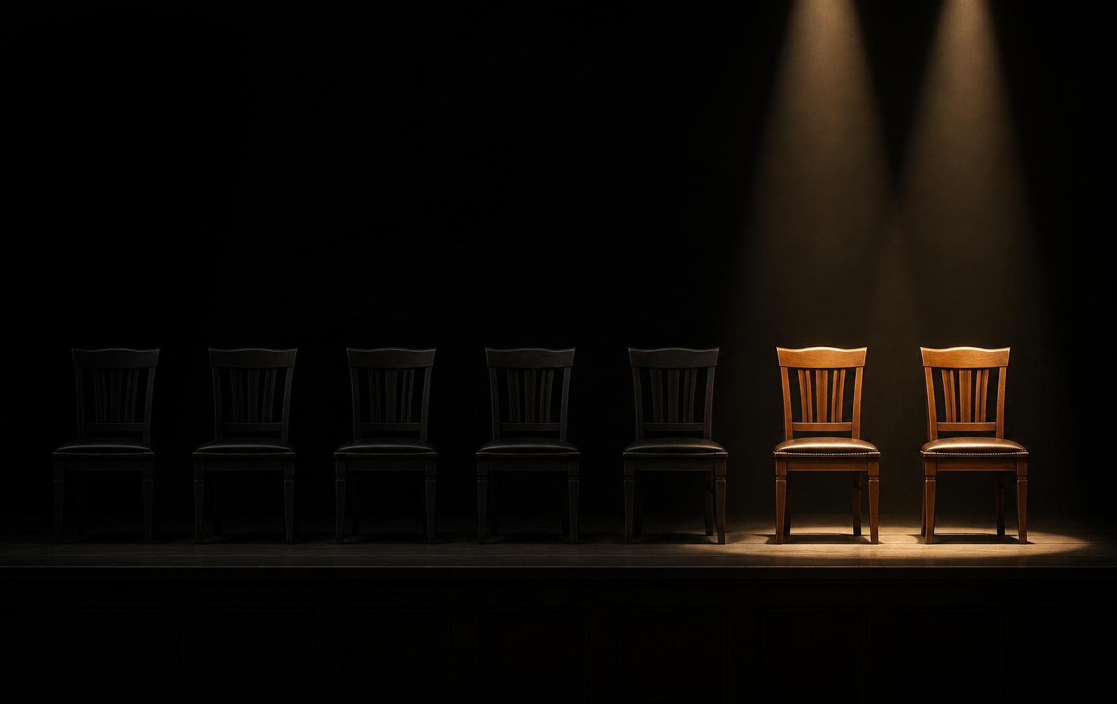 A row of seven chairs on a stage, five empty and shadowed, two lit under spotlights