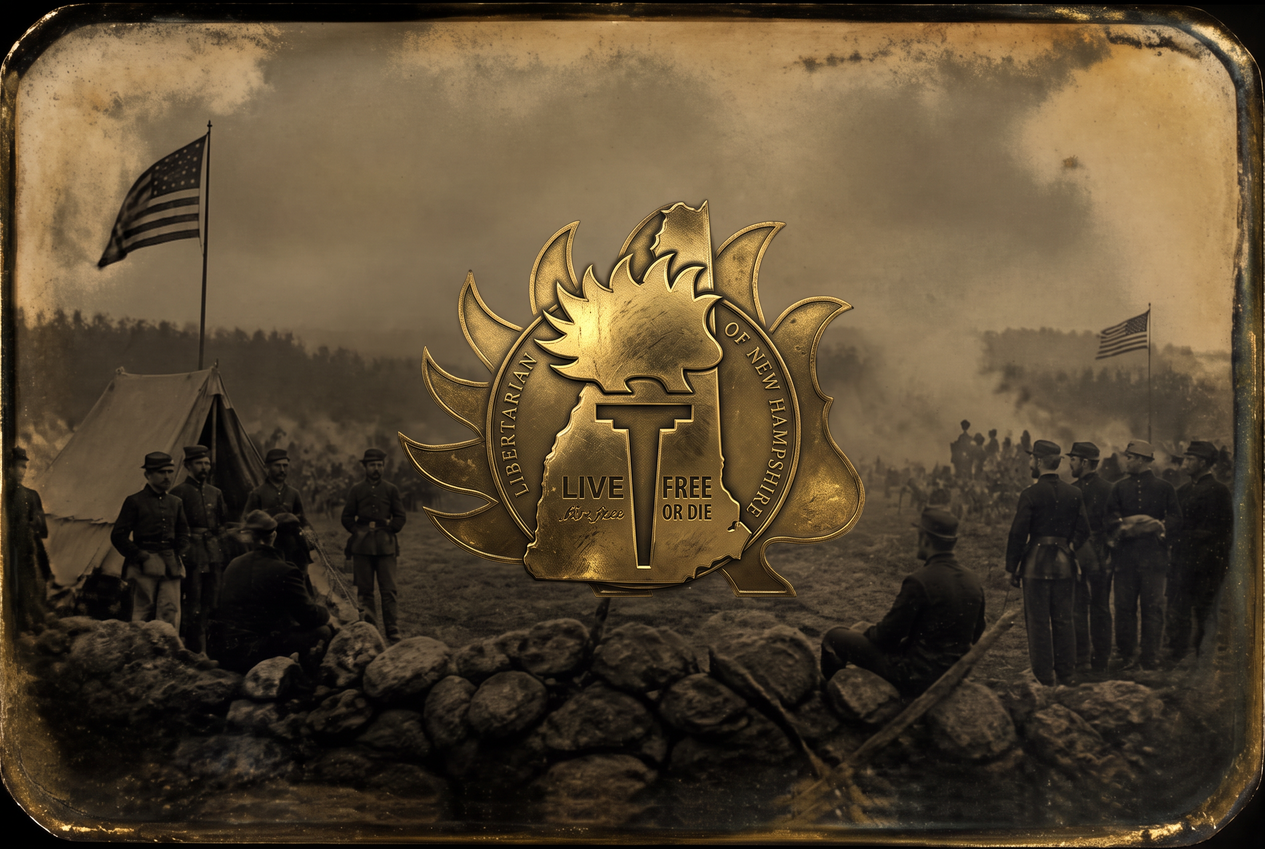 Antiquated Civil War era scene with a gold Libertarian Party of New Hampshire porcupine watermark